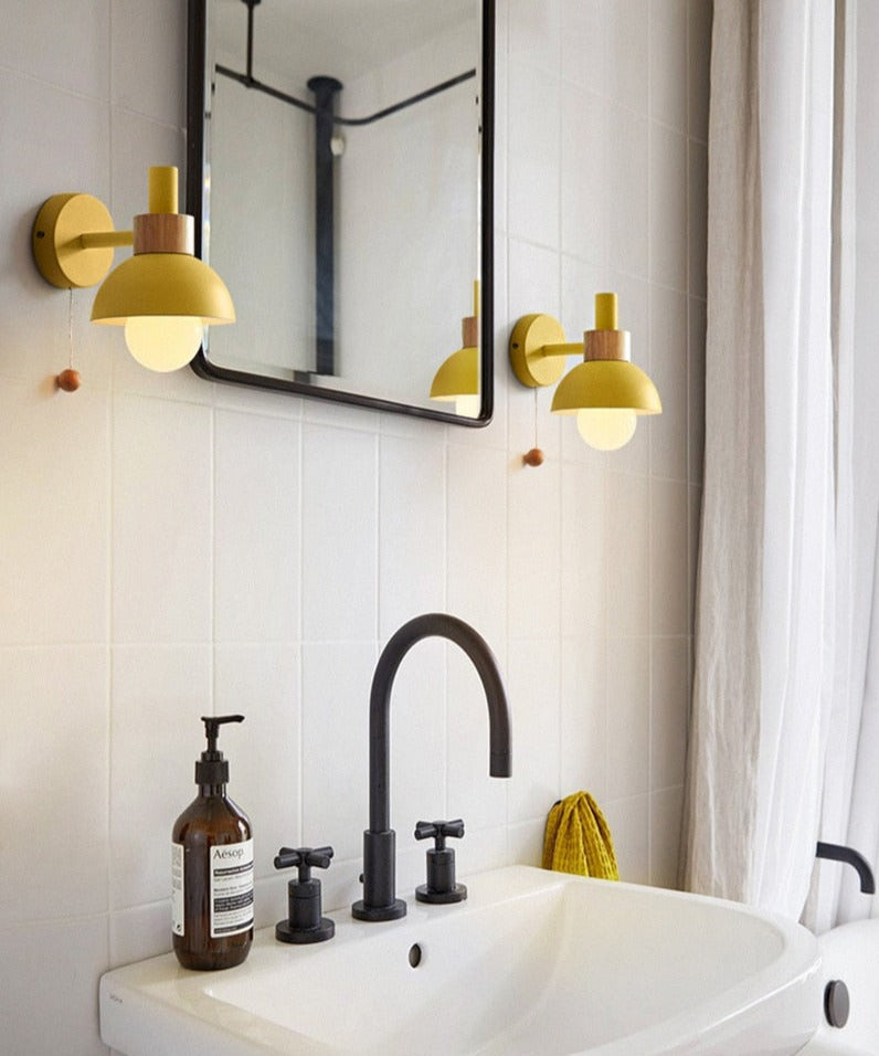 Pastel Nordic Pull Switch Wall Sconce With Wood Accent