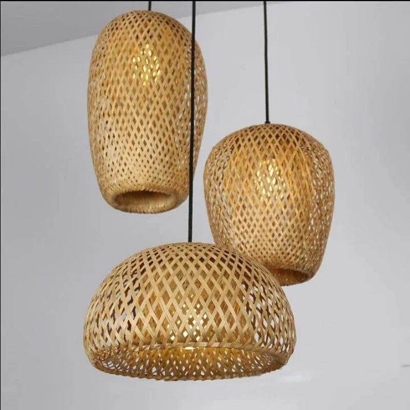 Three Bamboo Ceiling Pendant Lamps - Handmade Home Decor
