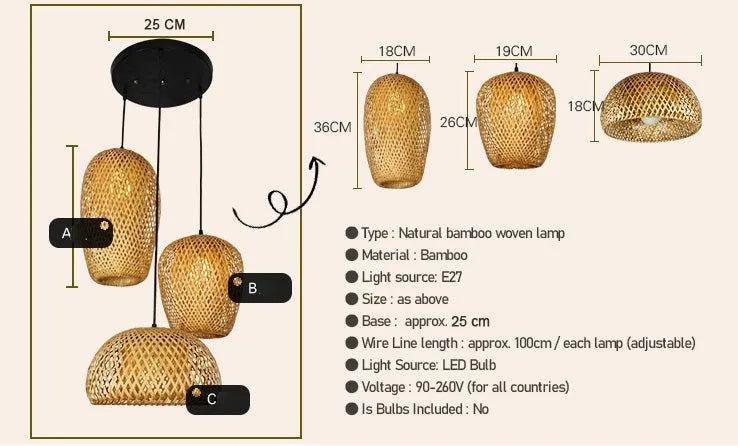 Three Bamboo Ceiling Pendant Lamps - Handmade Home Decor