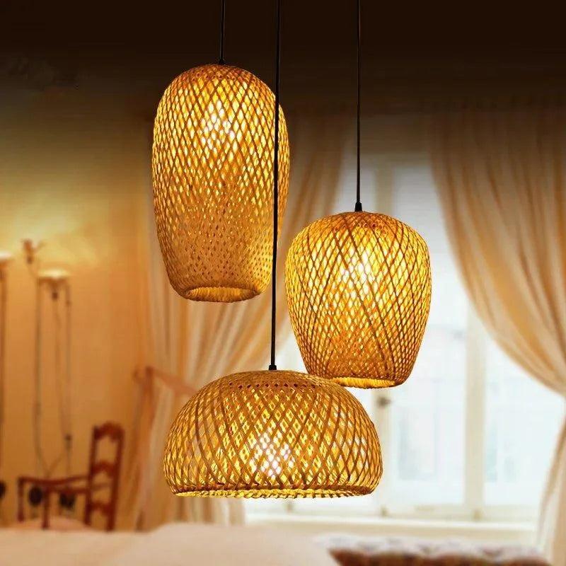 Three Bamboo Ceiling Pendant Lamps - Handmade Home Decor