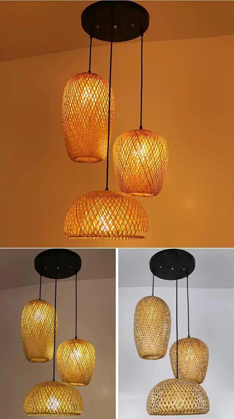 Three Bamboo Ceiling Pendant Lamps - Handmade Home Decor