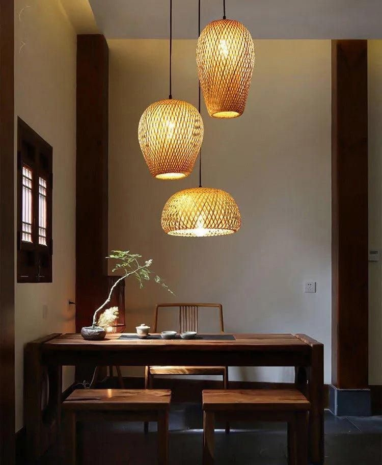 Three Bamboo Ceiling Pendant Lamps - Handmade Home Decor
