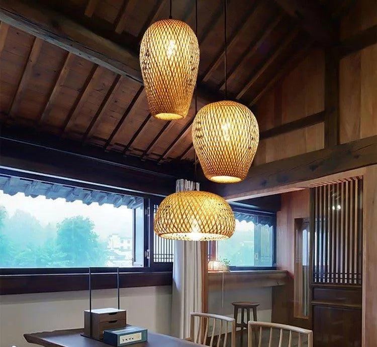 Three Bamboo Ceiling Pendant Lamps - Handmade Home Decor