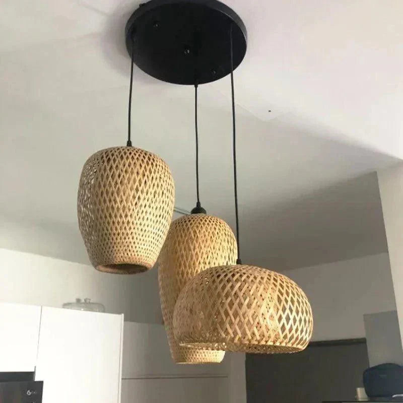 Three Bamboo Ceiling Pendant Lamps - Handmade Home Decor